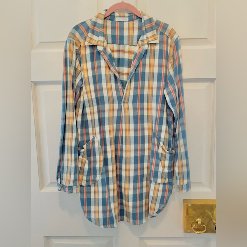 Free People CP Shades Blue/Cream Plaid Flannel Tunic Top-SZ Medium